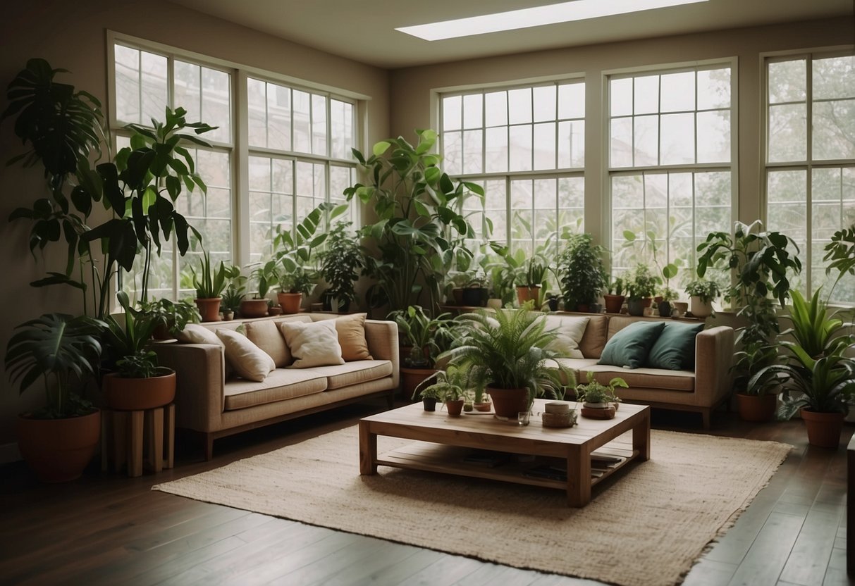 A sunken living room with lush indoor greenery and strategically placed potted plants for a cozy and natural home decor feel