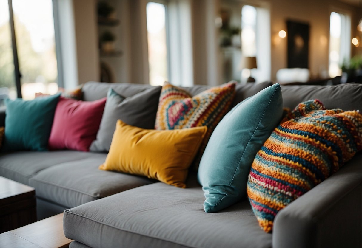 Colorful throw pillows and cozy blankets arranged on a sunken living room sofa