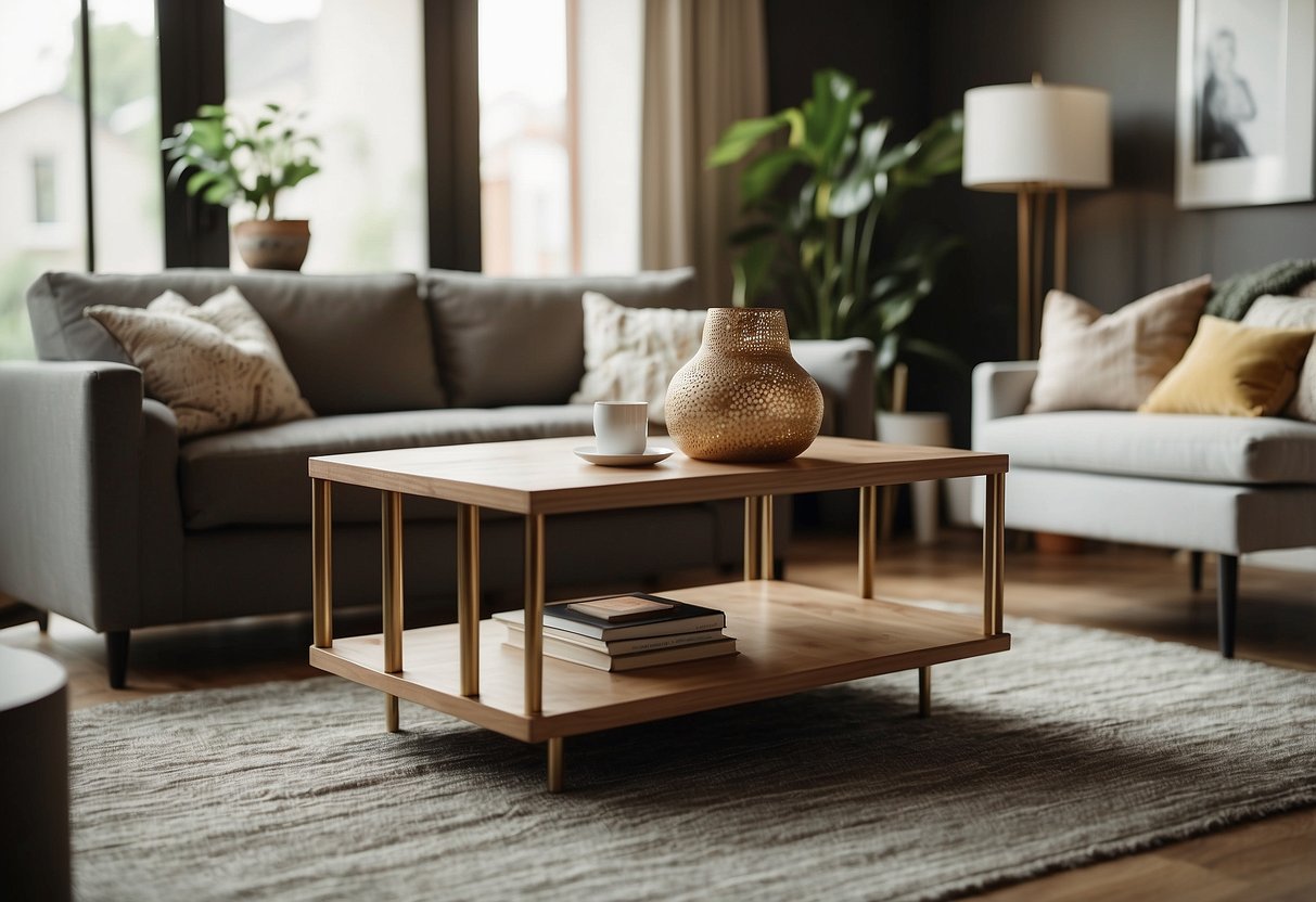 A wooden coffee table with metallic accents sits in a sunken living room, surrounded by cozy seating and stylish home decor