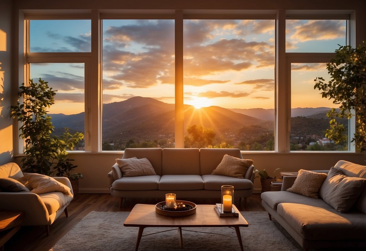 A cozy living room with warm, earthy tones and soft, ambient lighting. A large window showcases a vibrant sunset, casting a beautiful glow over the room