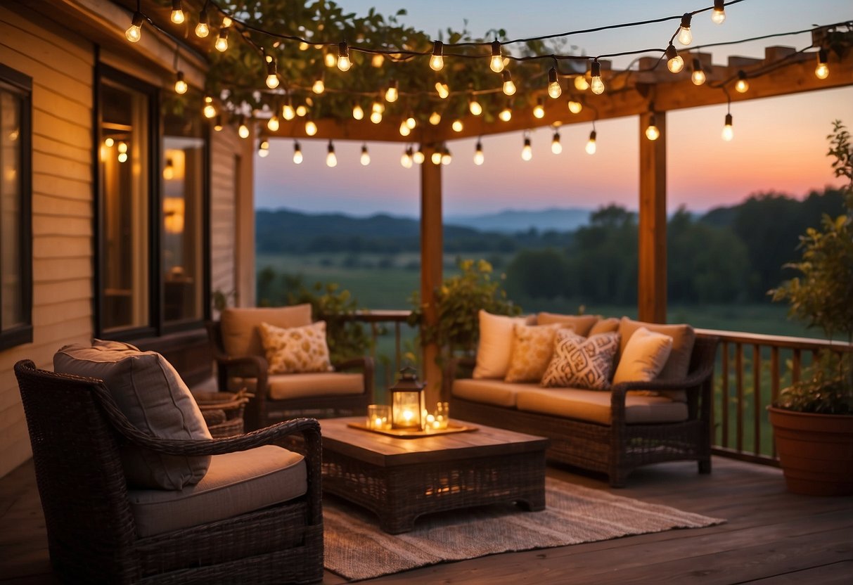 A cozy outdoor patio with warm Edison bulb string lights glowing at sunset, creating a cozy and inviting atmosphere for home decor ideas