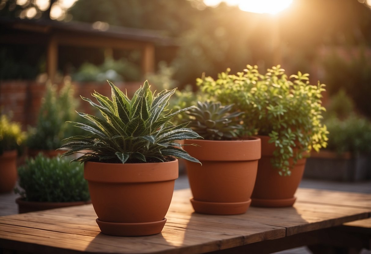 Sunset illuminates terracotta planters on a cozy patio, casting warm hues on the rustic pots filled with vibrant greenery