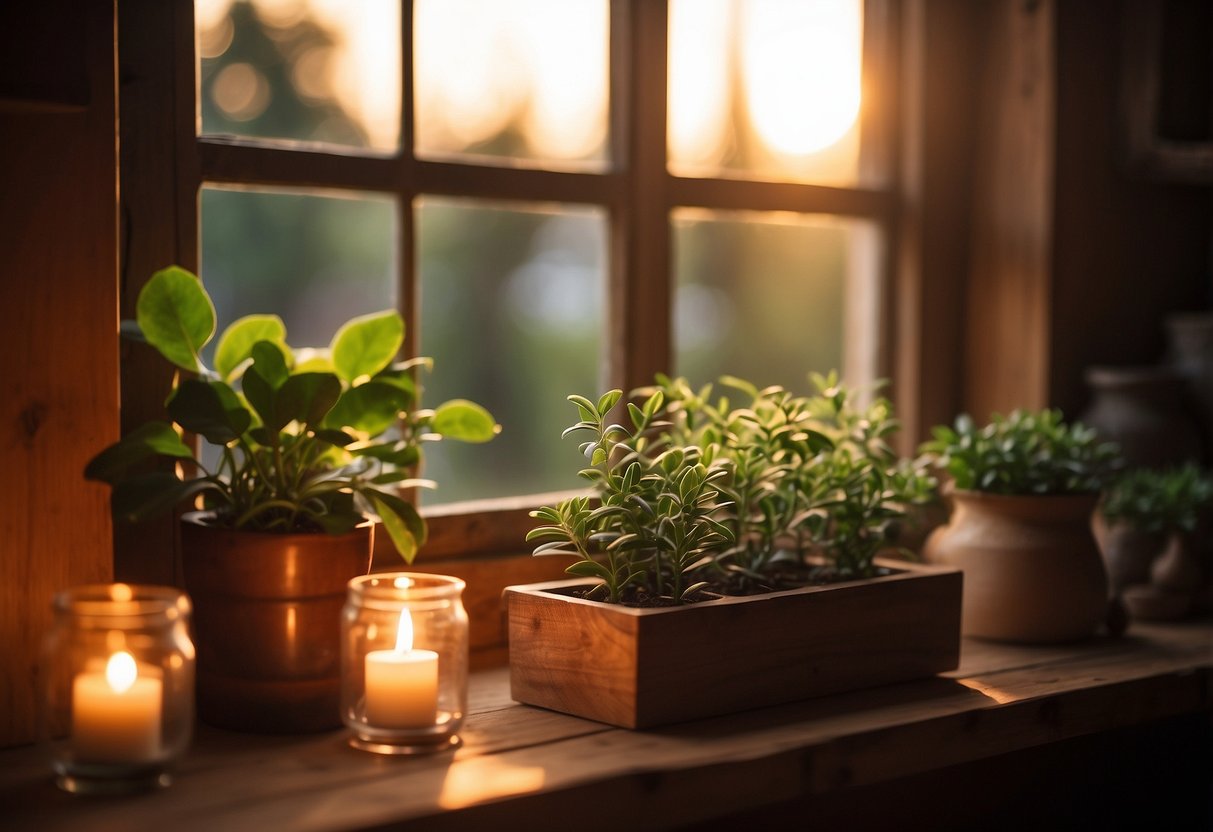 Sunset light filters through the window, casting warm hues on rustic wood shelves adorned with home decor items