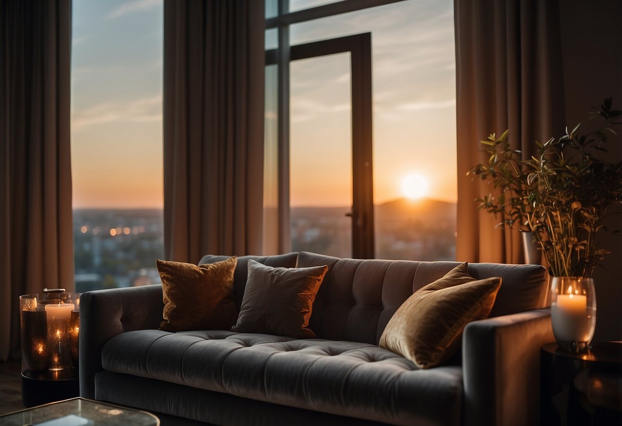 A cozy living room with a sunset streaming through the window, highlighting a luxurious arrangement of velvet throw pillows on a plush sofa