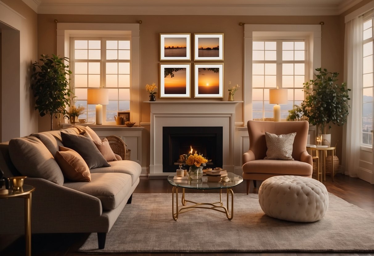 A cozy living room with gilded picture frames hanging on a sunset-lit wall, creating a warm and elegant home decor ambiance