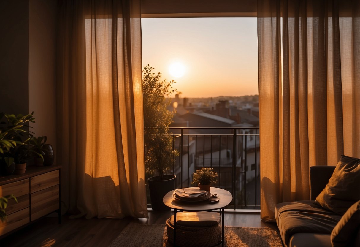 Sunset streaming through open linen curtains, casting warm glow on a cozy home interior