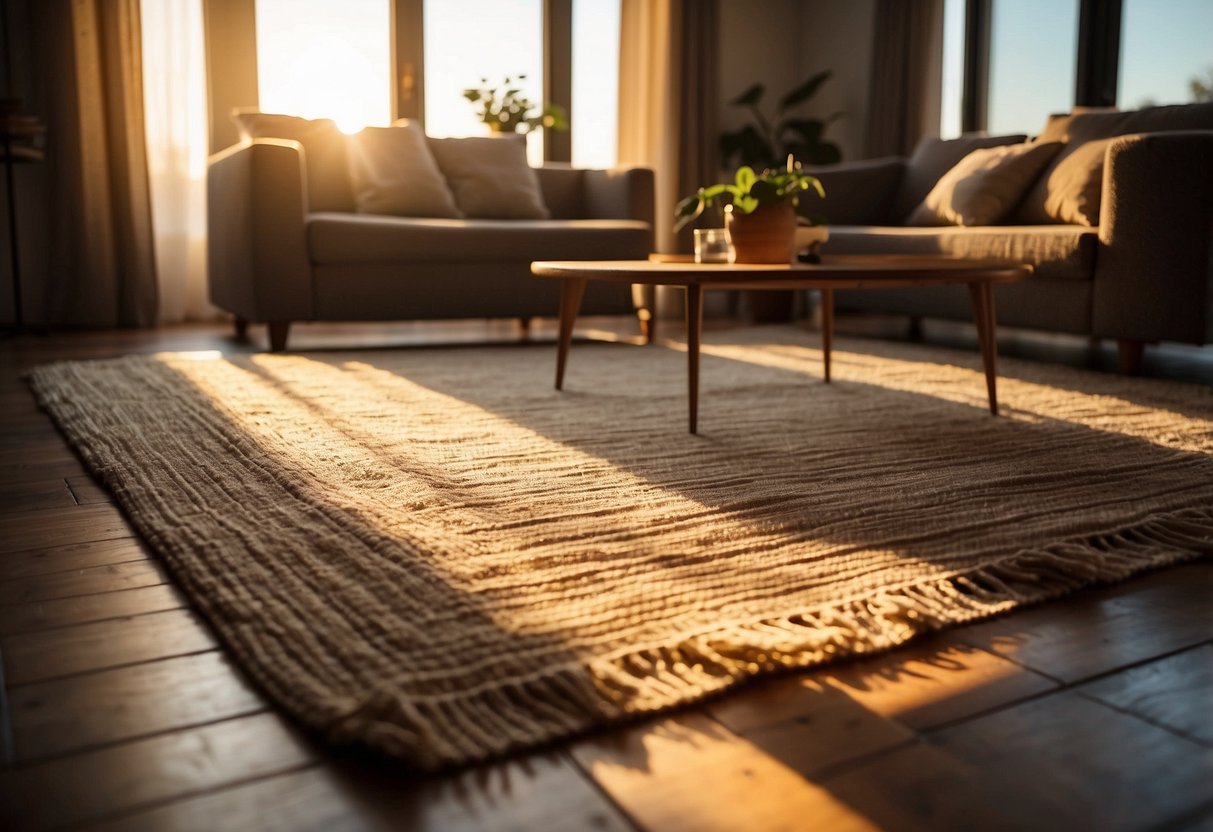 A cozy living room with a hand-woven rug in warm sunset tones, draped over a hardwood floor. The sunlight streams through the window, casting a golden glow over the space