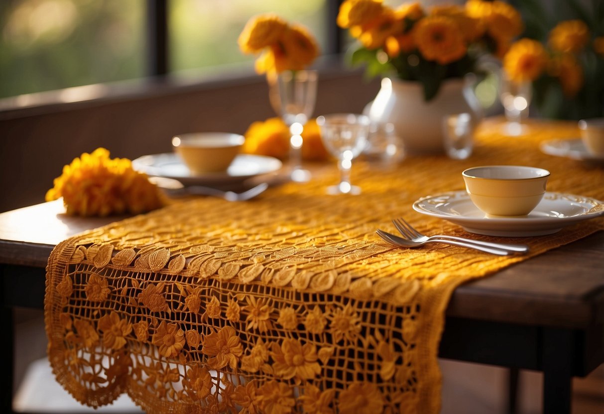 A table adorned with marigold table runners basks in the warm glow of a sunset, casting a golden hue across the room