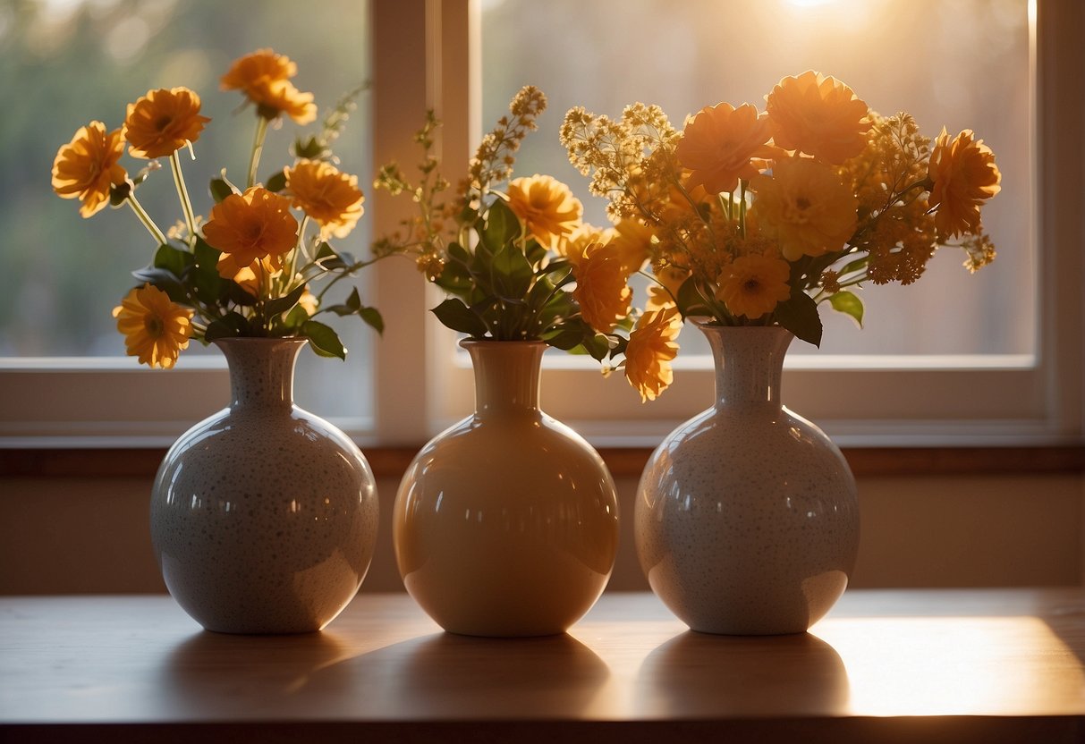 A table with three ceramic vases in front of a window, with the warm glow of a sunset casting a beautiful, soft light on the vases