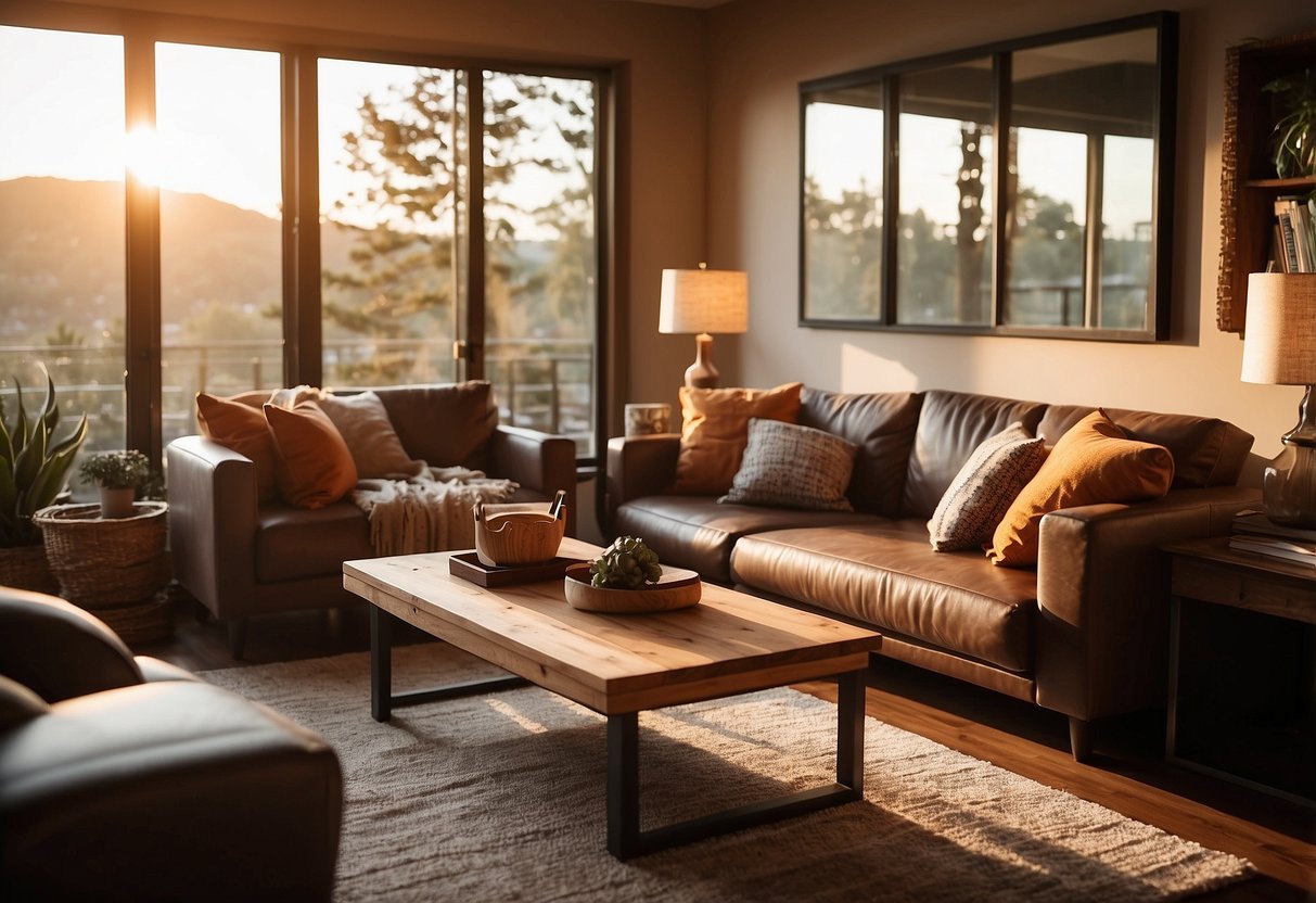 A cozy living room with warm, earthy tones and pops of vibrant sunset colors in the decor. An inviting space with a mix of rustic and modern elements