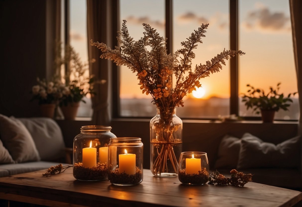 A cozy living room with warm sunset hues, adorned with natural elements like driftwood and dried flowers. A large window allows the golden glow of the setting sun to fill the space