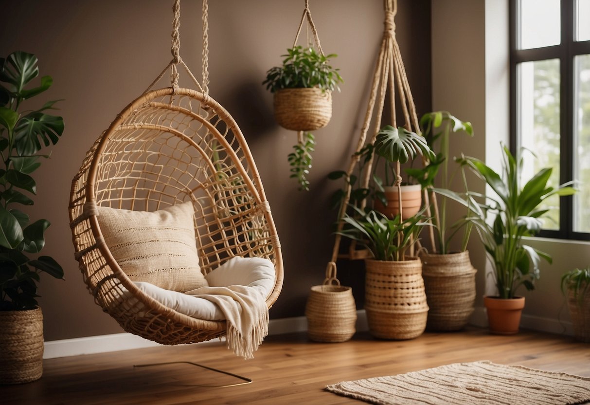 A cozy living room with a hanging rattan chair, macrame wall hangings, and potted plants. Warm, earthy tones and natural textures create a bohemian atmosphere