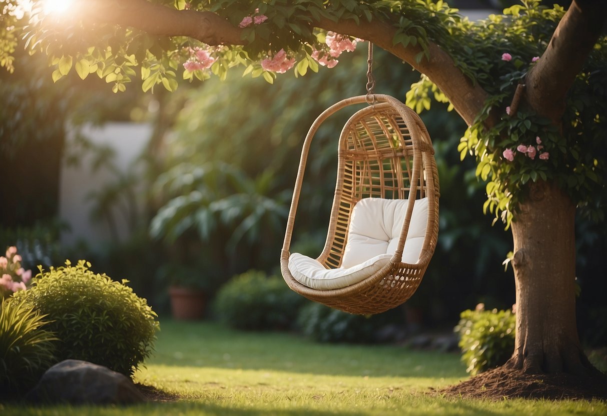 A vintage rattan swing chair hangs from a sturdy tree branch in a lush garden setting, surrounded by potted plants and blooming flowers