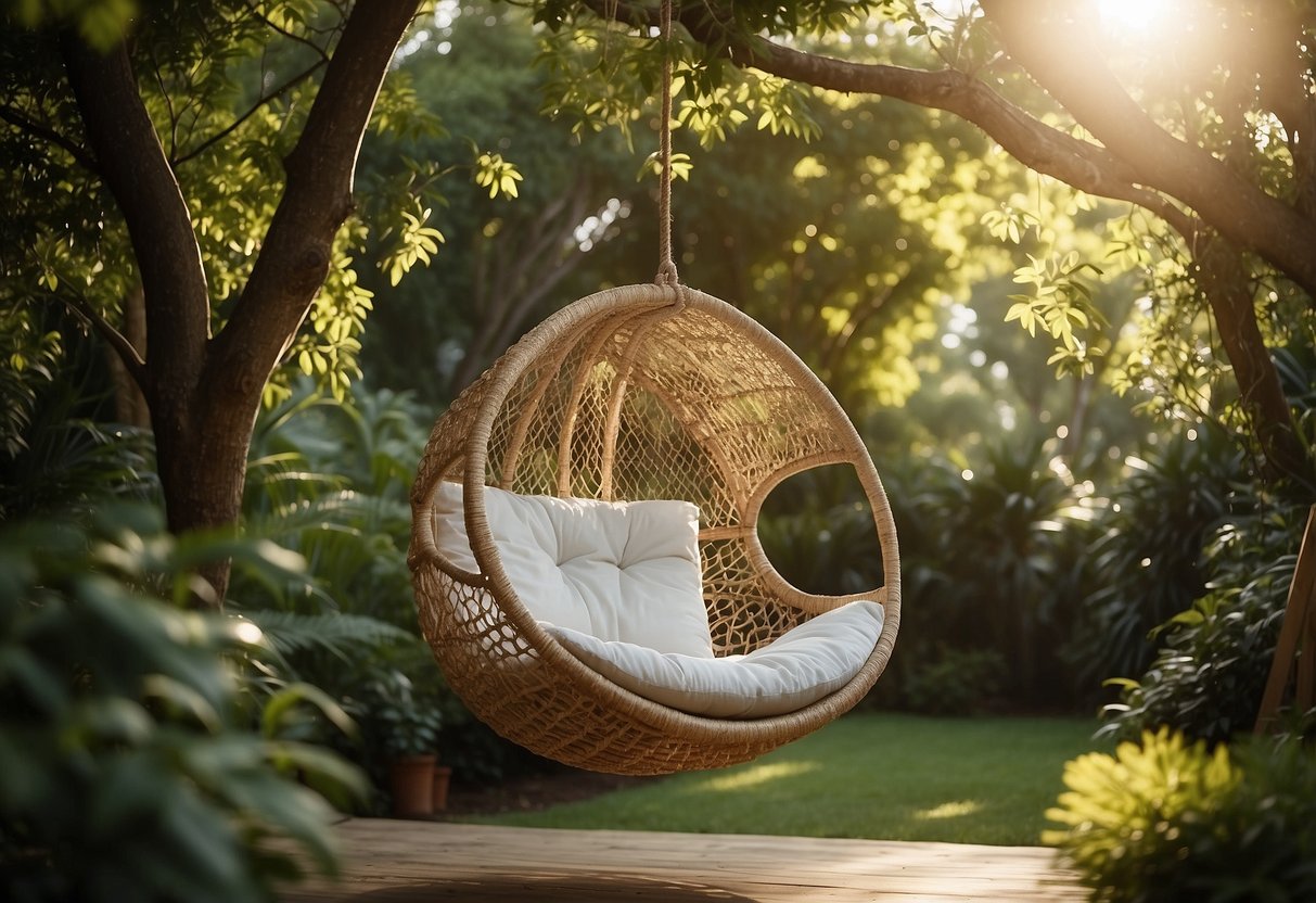 A wicker pod swing hangs from a sturdy branch, surrounded by lush greenery and dappled sunlight, creating a cozy and inviting outdoor home decor idea