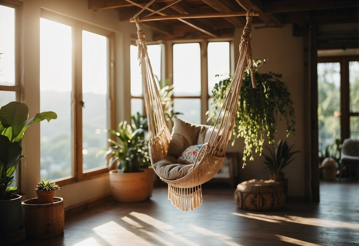 A cozy boho hammock chair hangs from a wooden beam in a sunlit room, adorned with colorful pillows and draped with macrame plant hangers