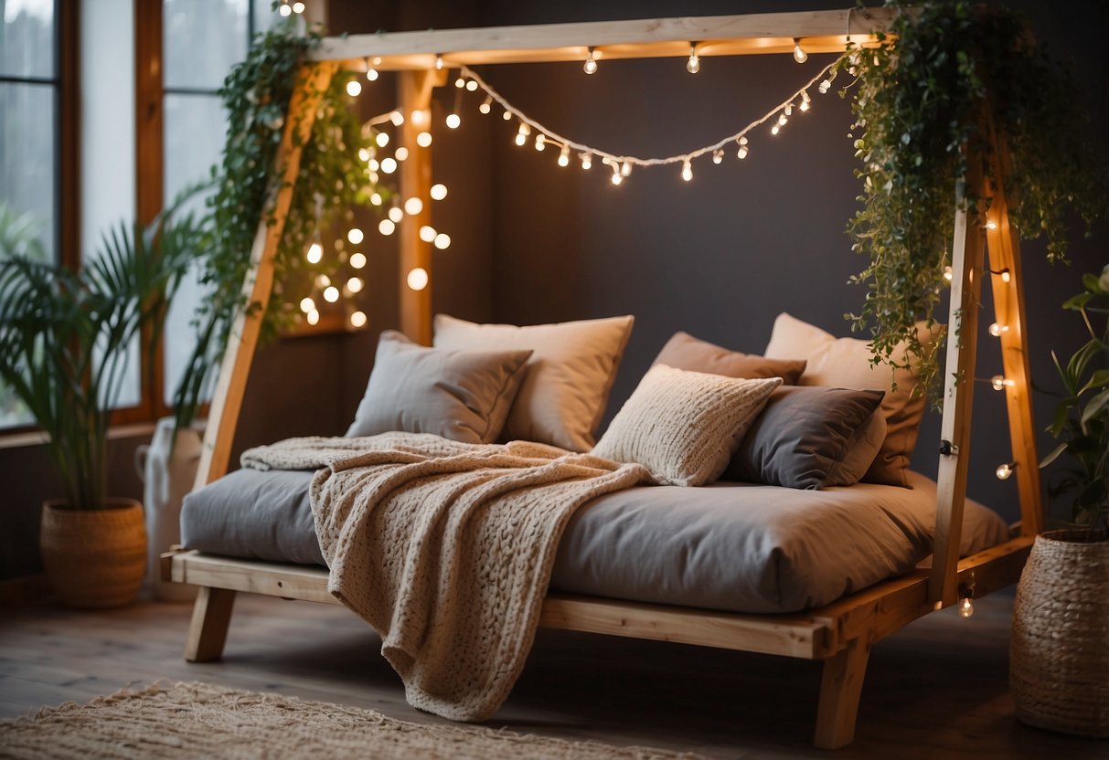 A cozy double swing bed hangs from a sturdy wooden frame, adorned with plush pillows and a soft throw blanket. The surrounding area is decorated with twinkling string lights and potted plants, creating a peaceful and inviting atmosphere