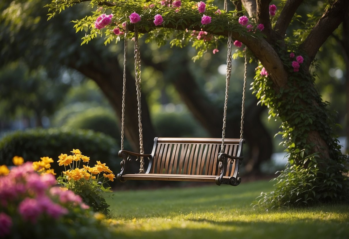 A metal and wood garden swing hangs from a sturdy tree branch, surrounded by lush greenery and colorful flowers