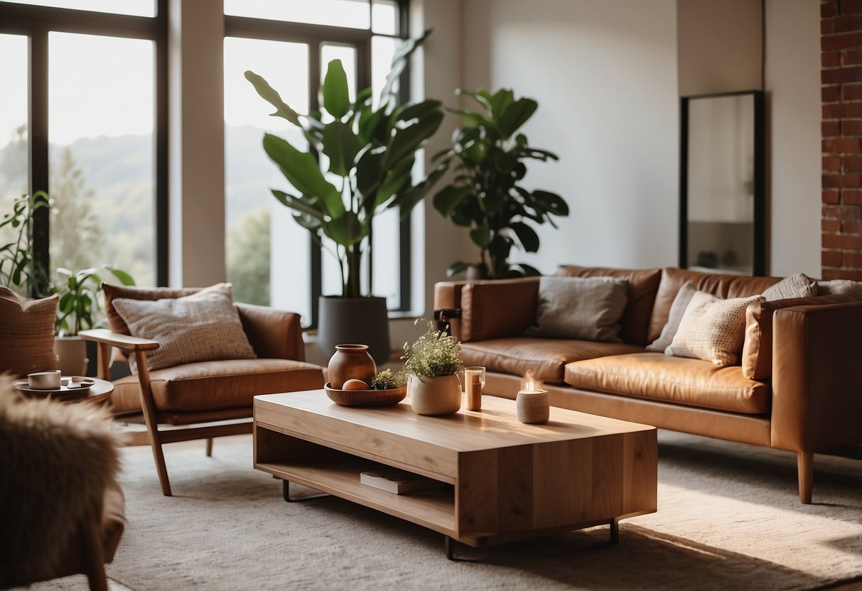 A cozy living room with minimalist furniture, natural light, and warm earthy tones. A fireplace, wooden accents, and plants add a touch of Scandinavian charm