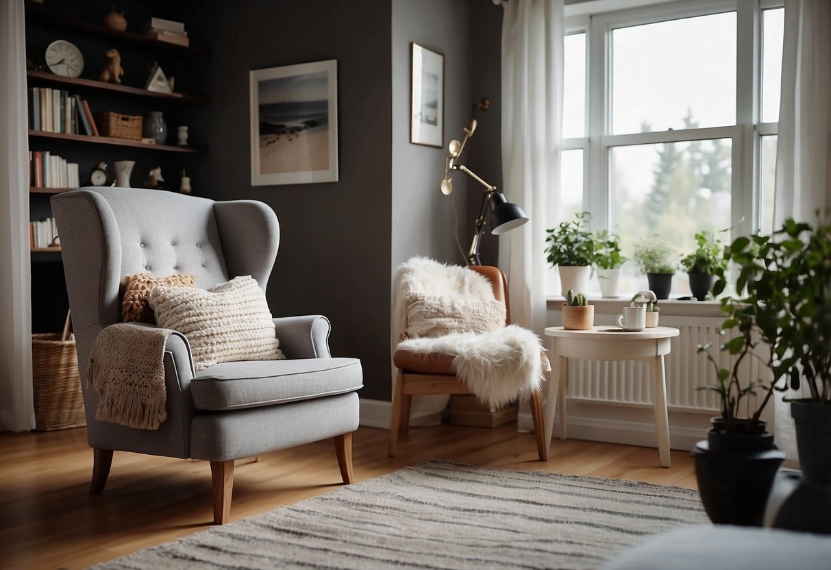 A cozy living room with a Strandmon Wing Chair as the focal point, surrounded by Swedish home decor accents from IKEA