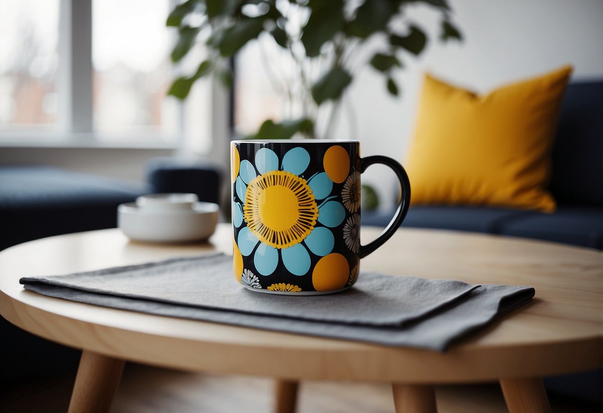 A colorful Marimekko Oiva Toikka mug sits on a sleek Scandinavian table, surrounded by Swedish home decor accents