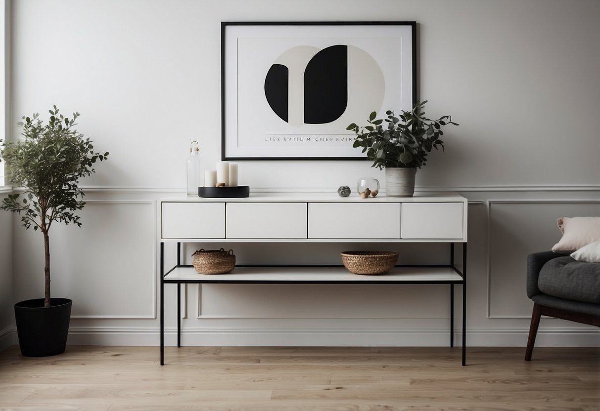 A sleek, minimalist console table sits against a white-washed wall, adorned with Swedish home decor accents