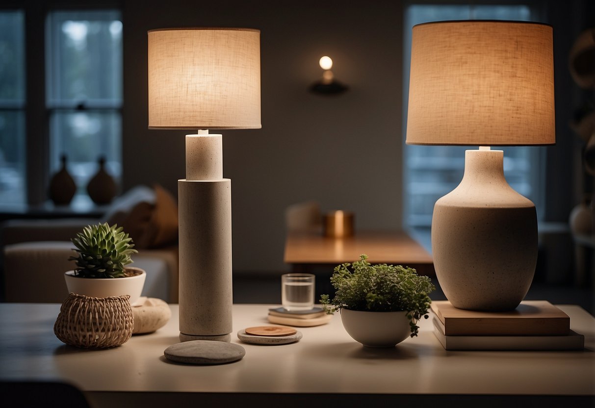 A modern concrete lamp, surrounded by Swedish home decor items, is featured on a menu for JWDA