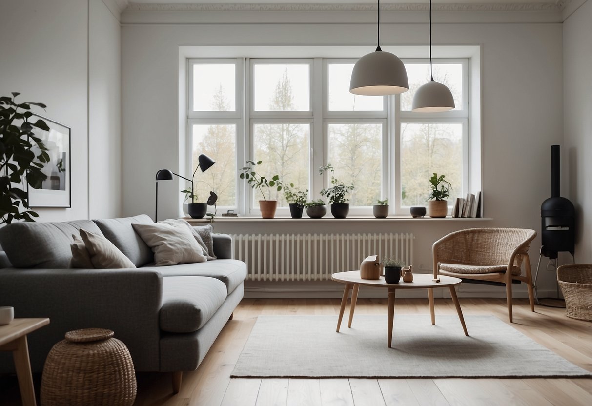 A cozy Swedish living room with a Normann Copenhagen Bell Pendant Lamp hanging above a minimalist, modern decor setting