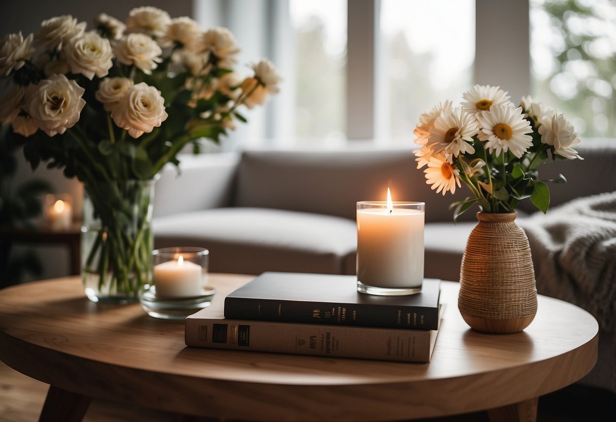 A cozy living room with a wooden coffee table adorned with a vase of fresh flowers, a stack of decorative books, and a scented candle