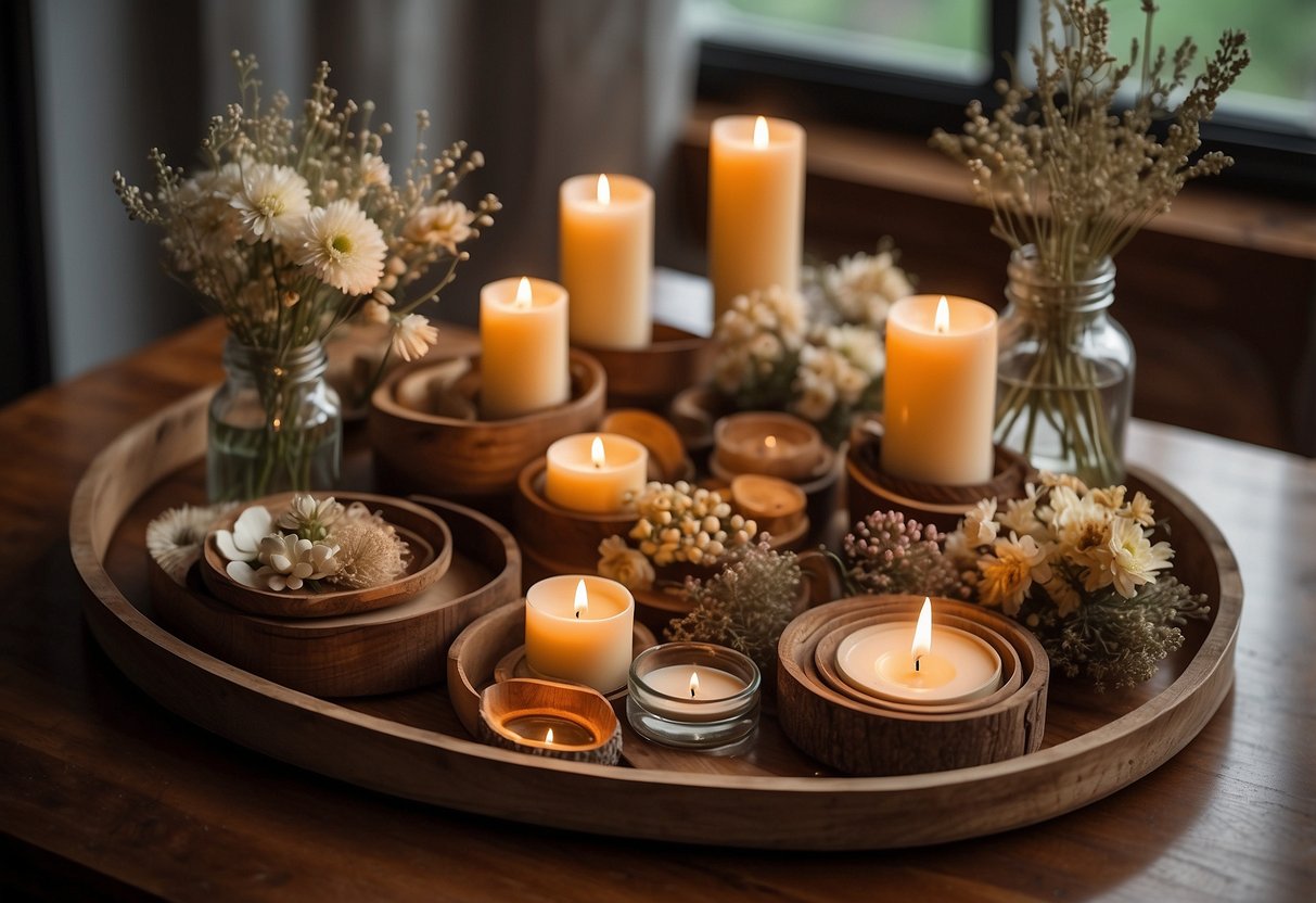 A collection of vintage wooden trays arranged on a tabletop, adorned with dried flowers and candles, creating a cozy and rustic home decor display