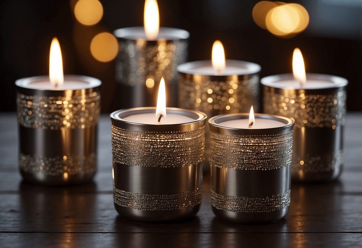 Shiny metallic candle holders arranged on a wooden tabletop with soft candlelight glowing