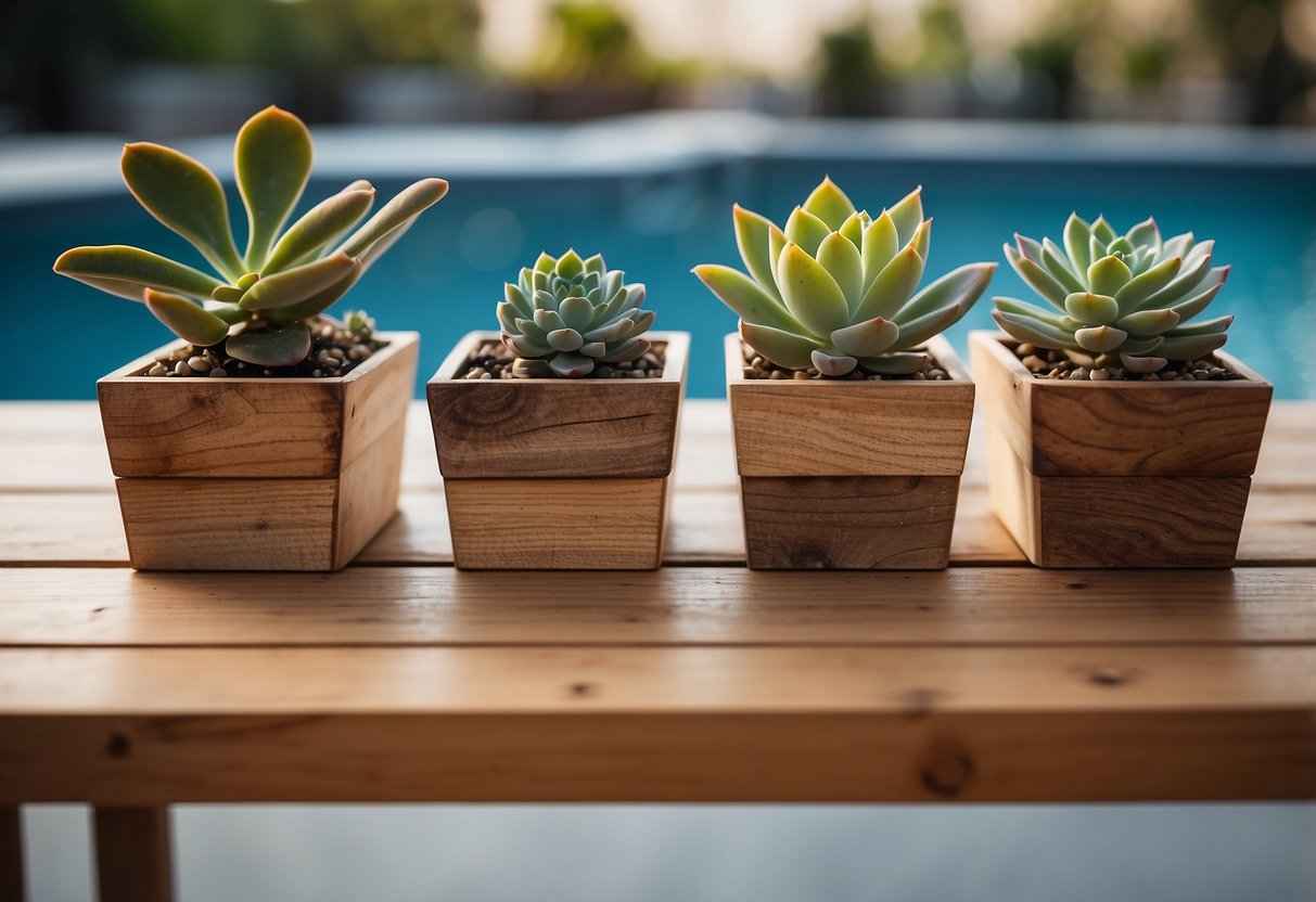 A wooden tabletop with three succulent planter boxes arranged in a row, each containing a variety of vibrant and textured succulent plants