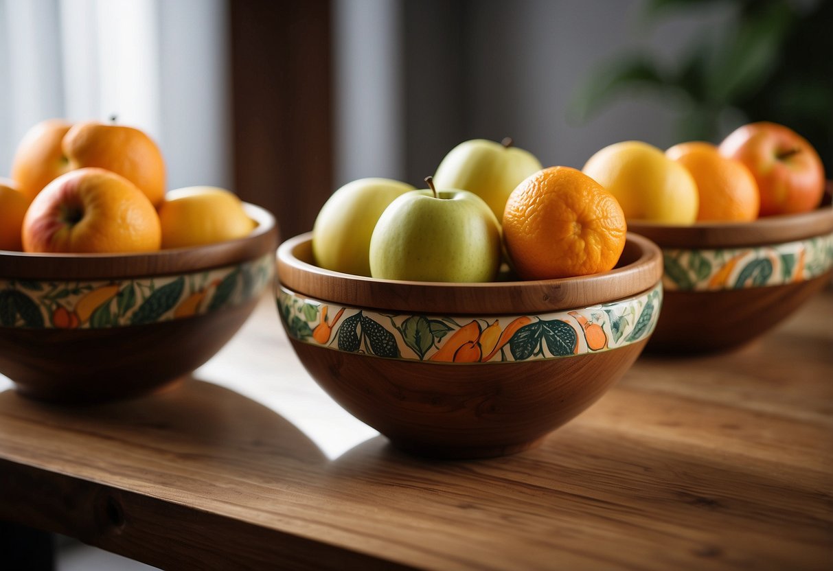 A wooden table with three ceramic fruit bowls, each filled with different fruits like apples, bananas, and oranges. The bowls are arranged in a triangle formation, creating an inviting centerpiece for a home