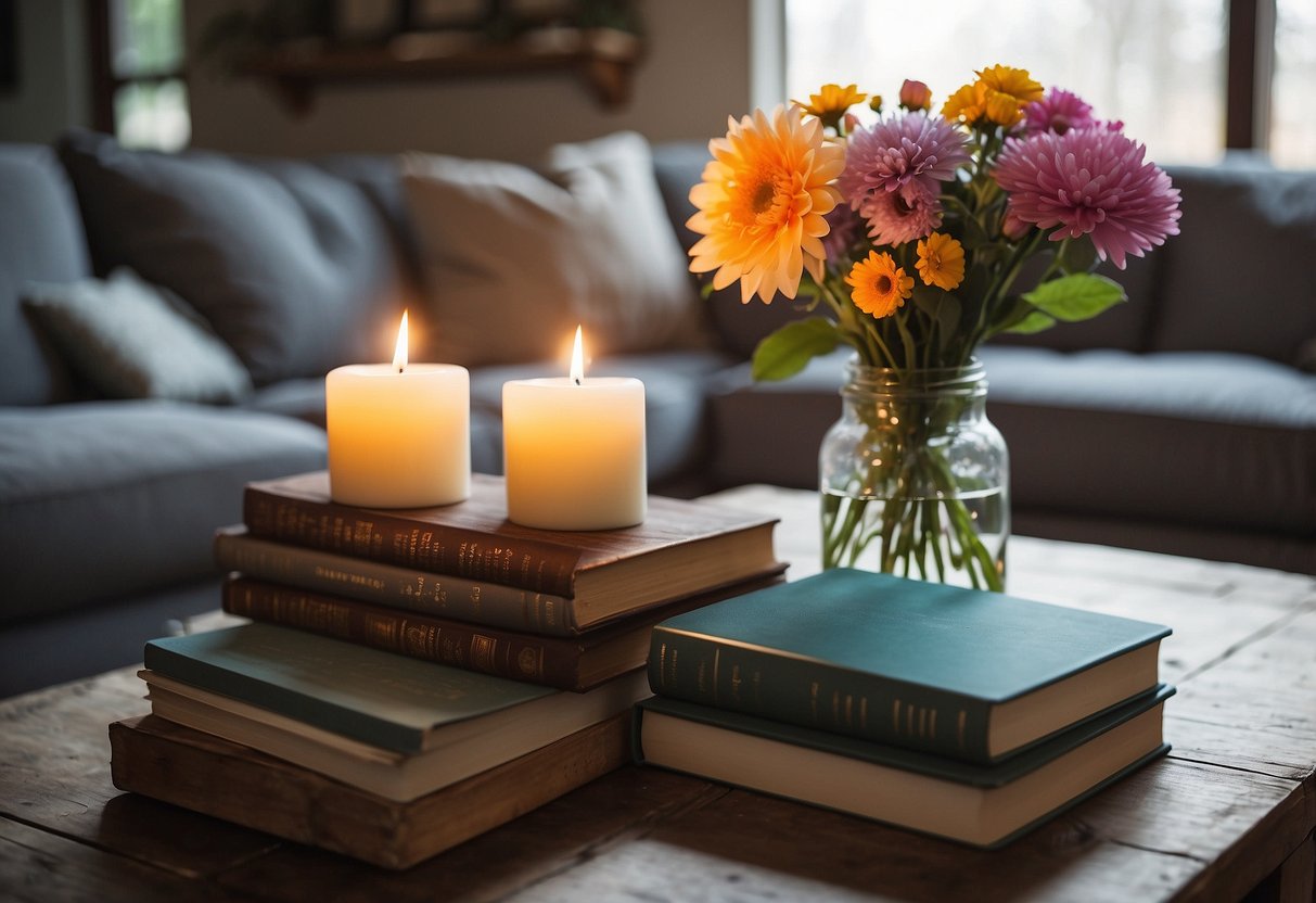 A cozy living room with a rustic farmhouse table adorned with fresh flowers, vintage candle holders, and a stack of colorful books