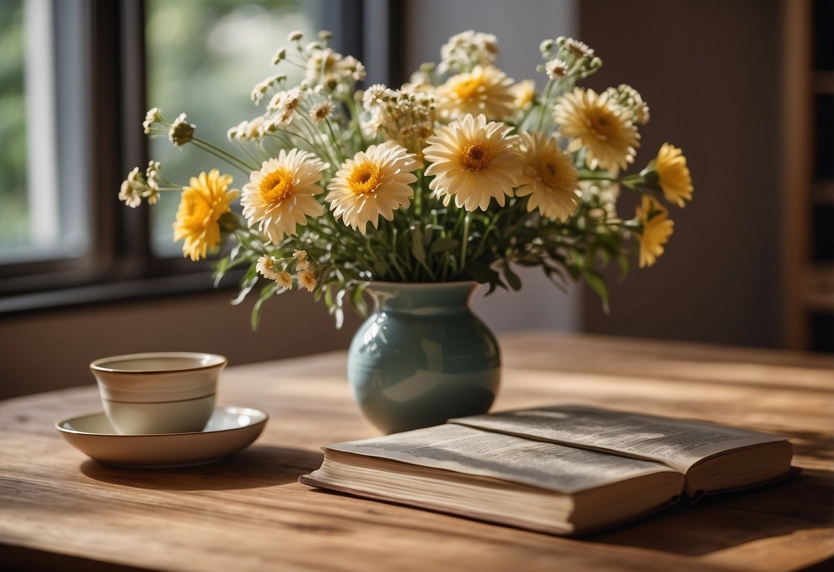 A wooden table with a vase of flowers, a stack of books, and a textured ceramic bowl. A woven placemat adds depth and interest