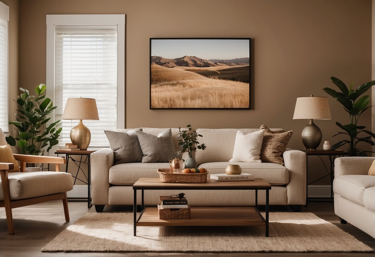 A cozy living room with tan walls adorned with minimalist wall art and warm-toned decorative accents