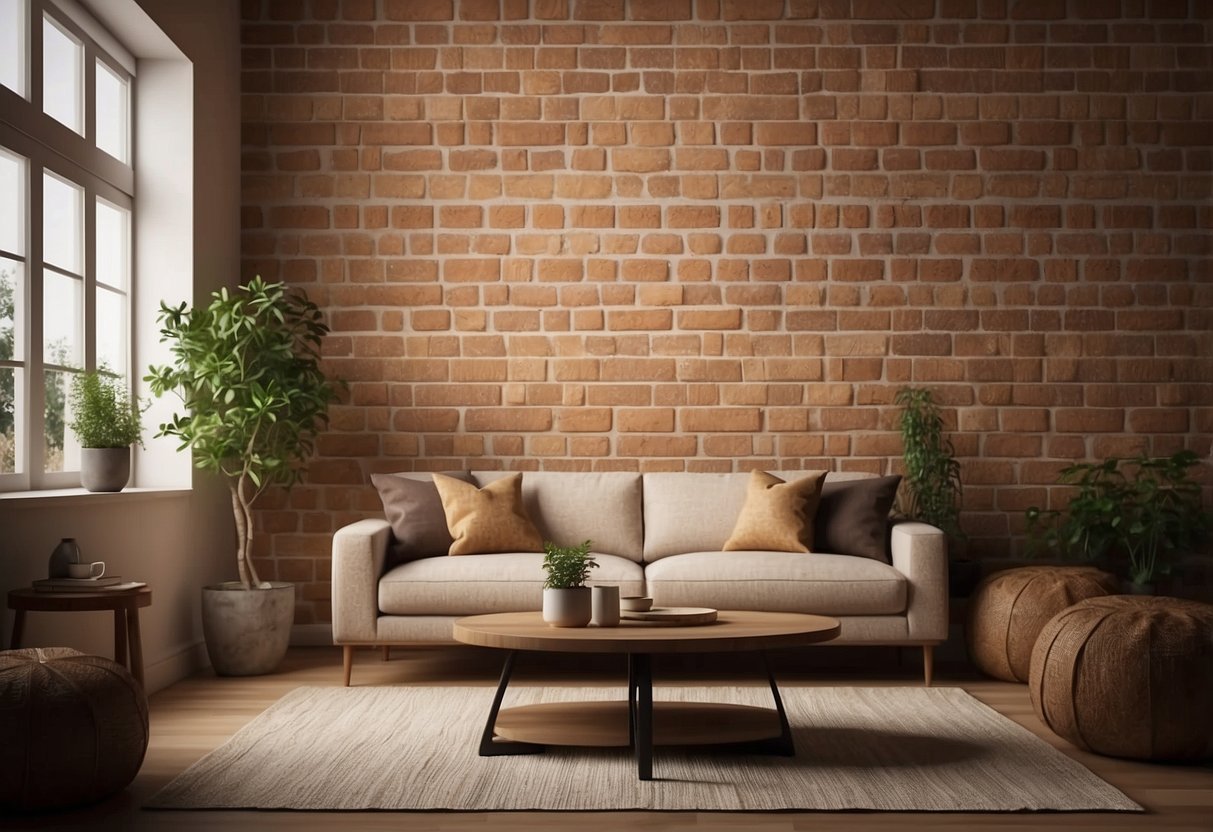 A cozy living room with rustic tan brick wallpaper, complementing the warm tan walls. Perfect for home decor ideas