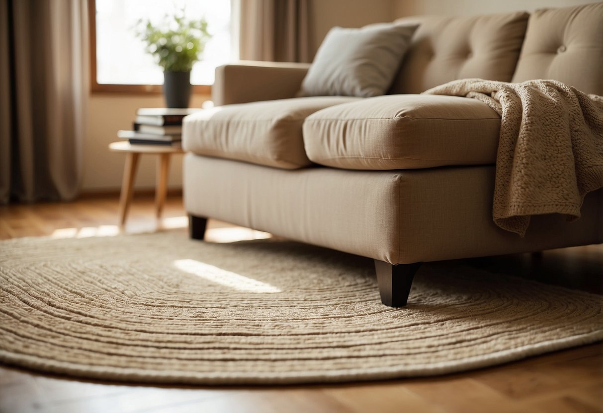 A beige area rug sits on a tan floor, complementing the tan walls in a cozy home decor setting