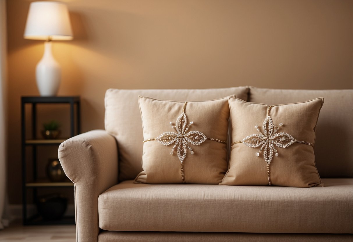 Two sandstone tan throw pillows on a tan couch against tan walls, creating a cohesive home decor look