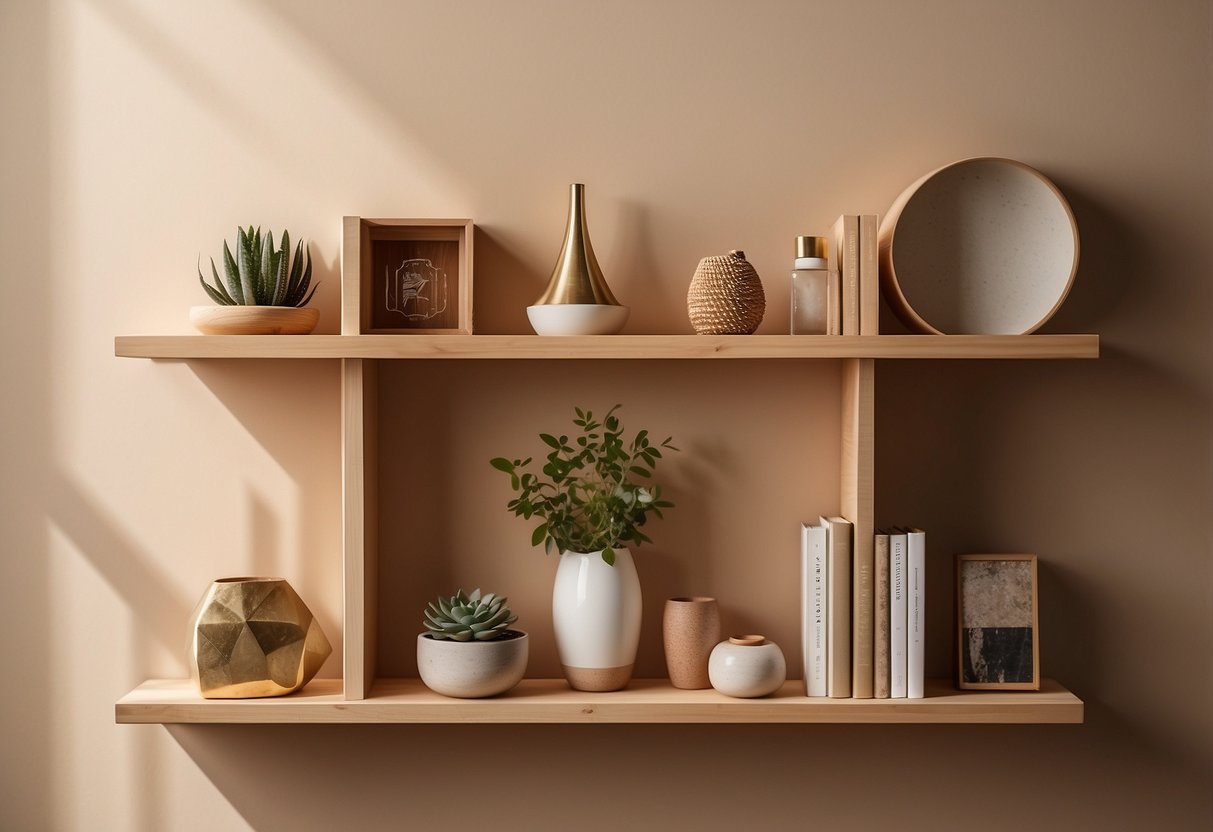 Light tan wooden shelves against tan walls, adorned with home decor items