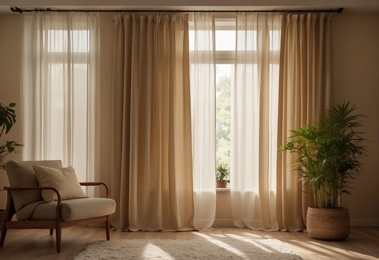 Soft beige and tan curtains hang elegantly against the tan walls, creating a warm and inviting atmosphere in the room