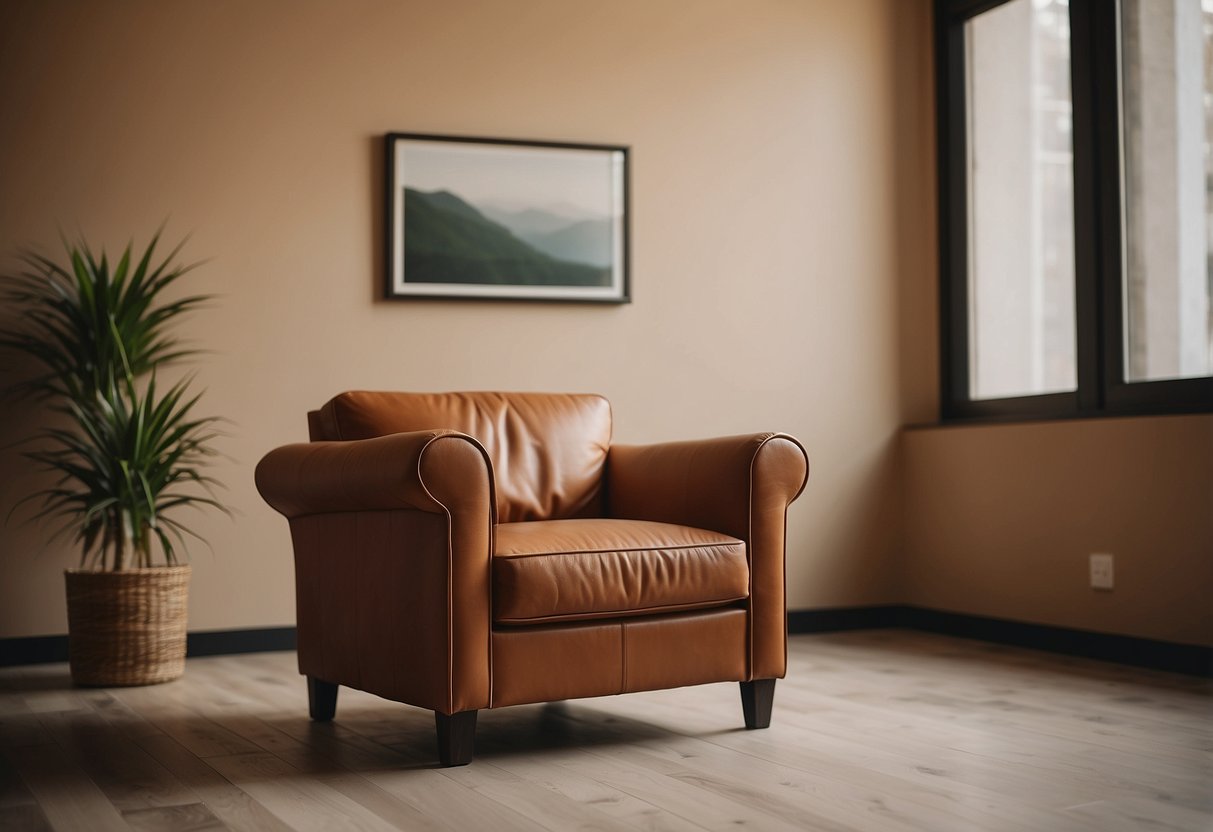 A tan leather armchair sits against tan walls, with home decor ideas scattered around