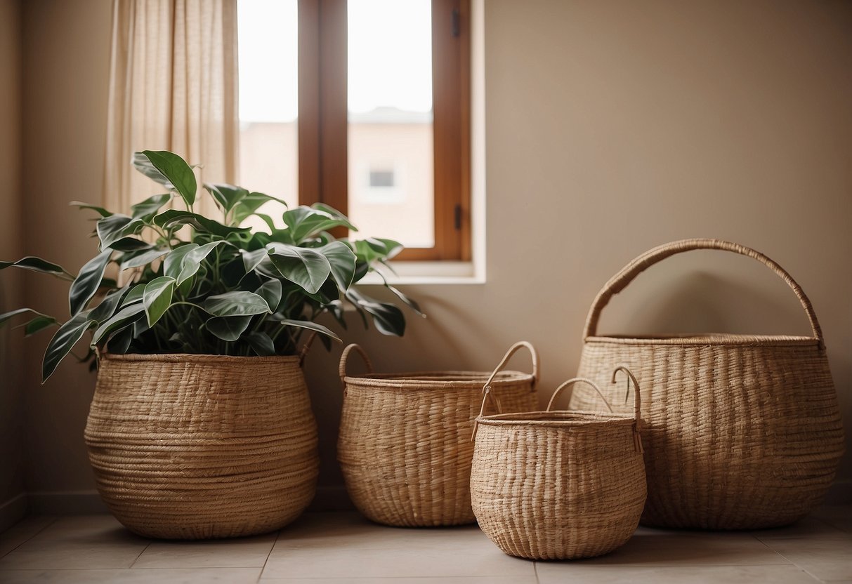 A cozy room with tan woven baskets against tan walls, perfect for home decor ideas