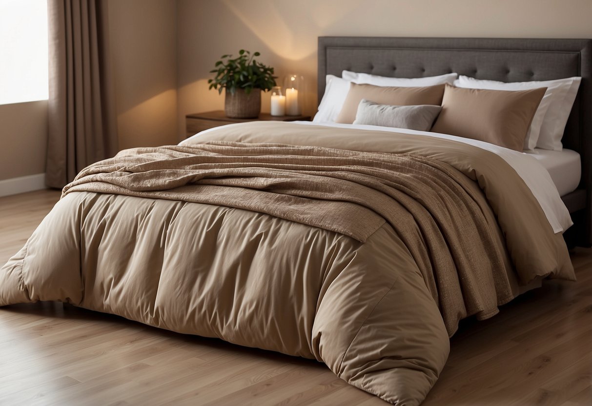 A taupe and tan bedding set is neatly arranged on a bed against tan walls, creating a cozy and inviting home decor scene