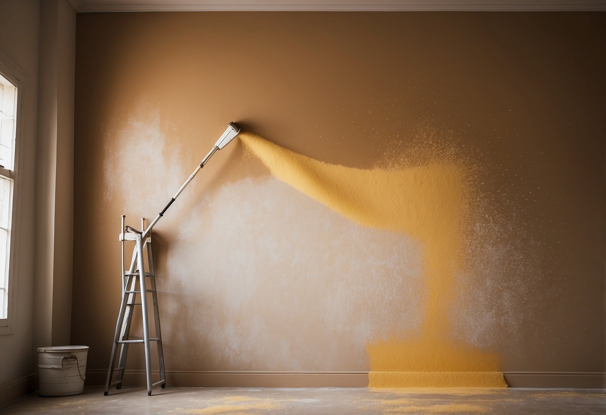 A paint roller glides over the tan walls, adding texture and depth. A stencil is used to create a delicate pattern, while a sponge dabbing technique adds a touch of artistic flair