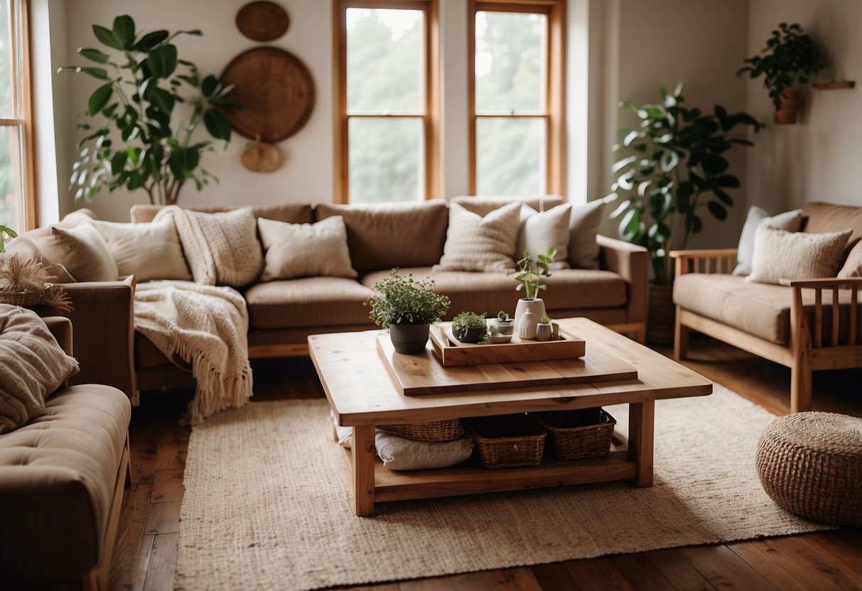 A cozy living room with earthy-toned pillows, warm throw blankets, and wooden furniture. Plants and natural materials add a touch of nature to the space