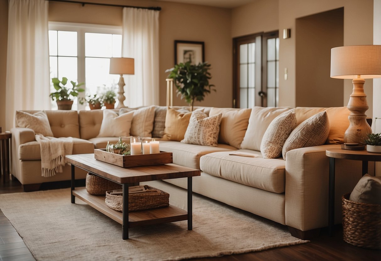 A cozy living room with cream throw pillows on a tan sofa, surrounded by warm home decor accents