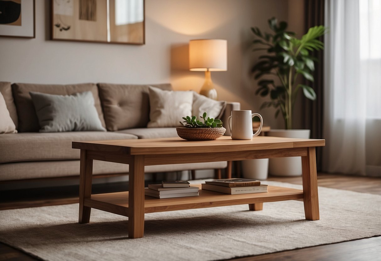 A natural wood coffee table sits in a cozy living room, adorned with a simple tan decor scheme