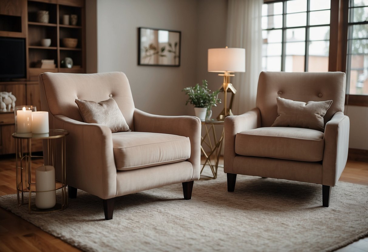 Two taupe accent chairs sit in a cozy living room, surrounded by tan home decor. The chairs are plush and inviting, adding a touch of warmth to the space