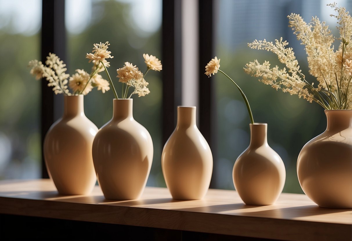 Beige ceramic vases arranged on a wooden shelf in a sunlit room