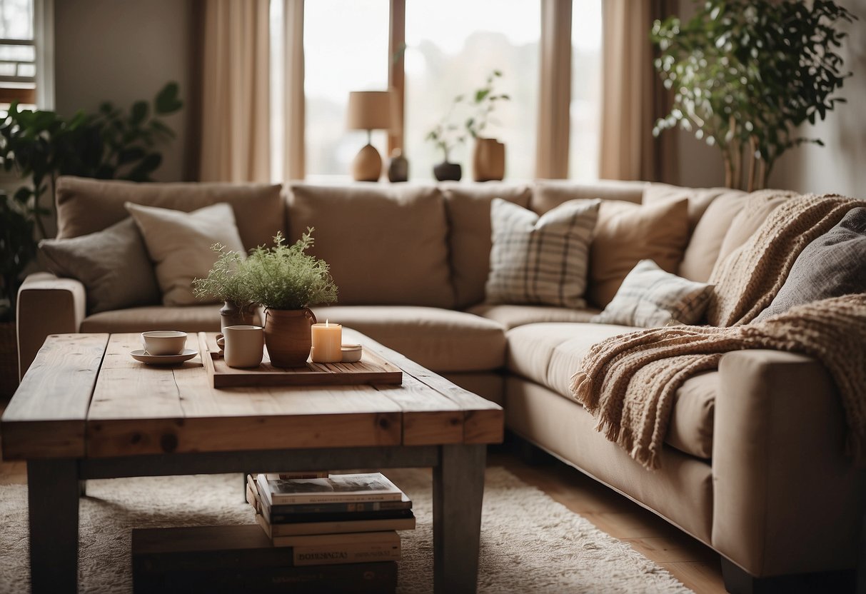 A cozy living room with tan-colored furniture, earthy-toned throw pillows, and a mix of modern and rustic decor elements